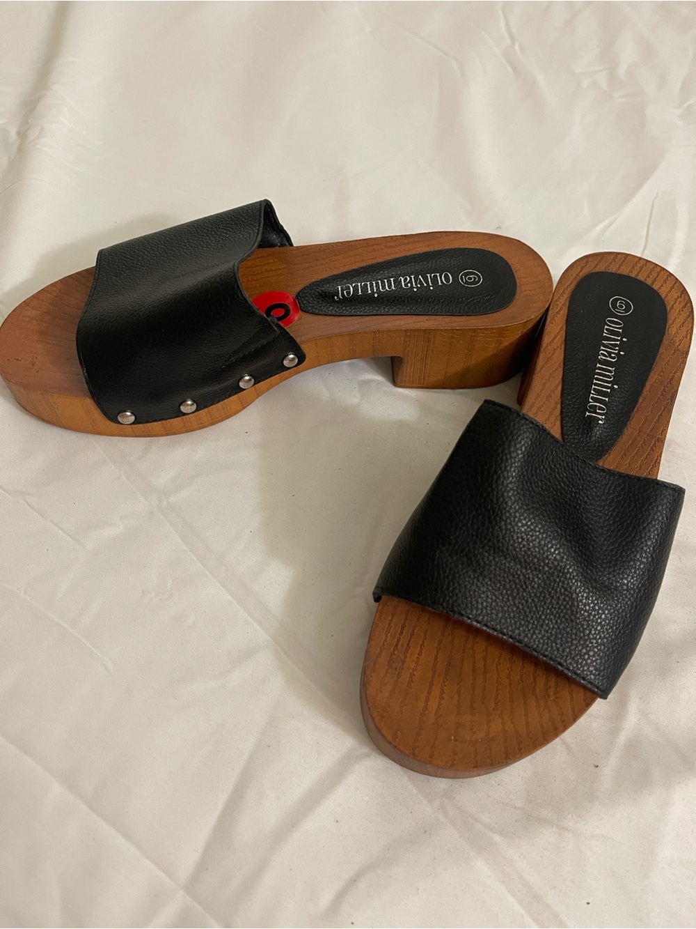 Olivia Miller Black Leather Slide Sandals